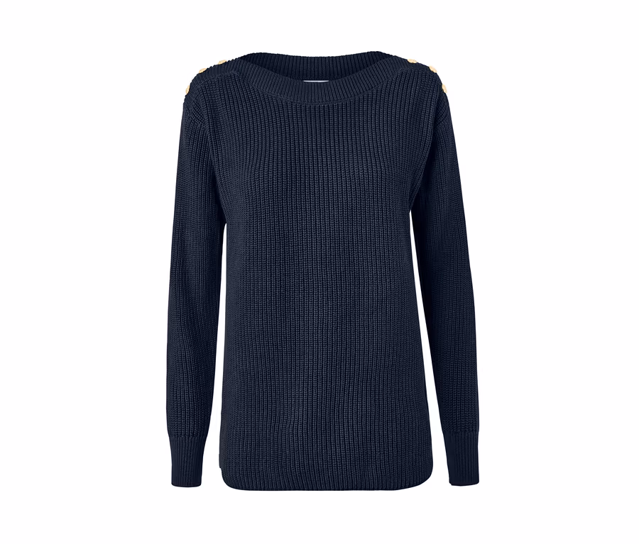 Marineblauer Strickpullover mit Knöpfen an den Schultern.