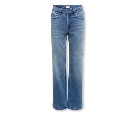 Blaue Jeans mit geradem Bein, sichtbaren Taschen und einem Bund mit „ONLY“-Etikett.