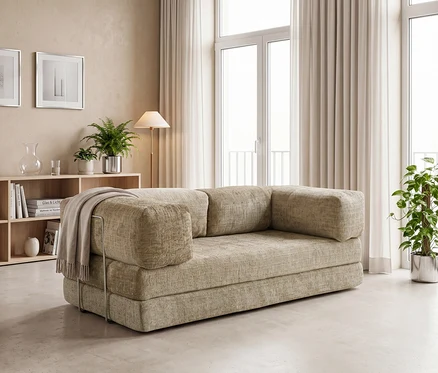 Beiges strukturiertes Sofa mit einer hellbraunen Decke über der linken Armlehne in einem modernen Wohnzimmer. Links stehen ein Holzregal, eine Stehlampe und gerahmte Bilder, rechts große Fenster mit weißen Vorhängen und eine Topfpflanze.