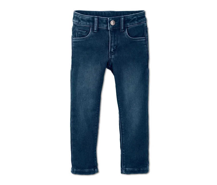 Eine blaue Stretch-Denim Hose auf einem weißen Hintergrund.