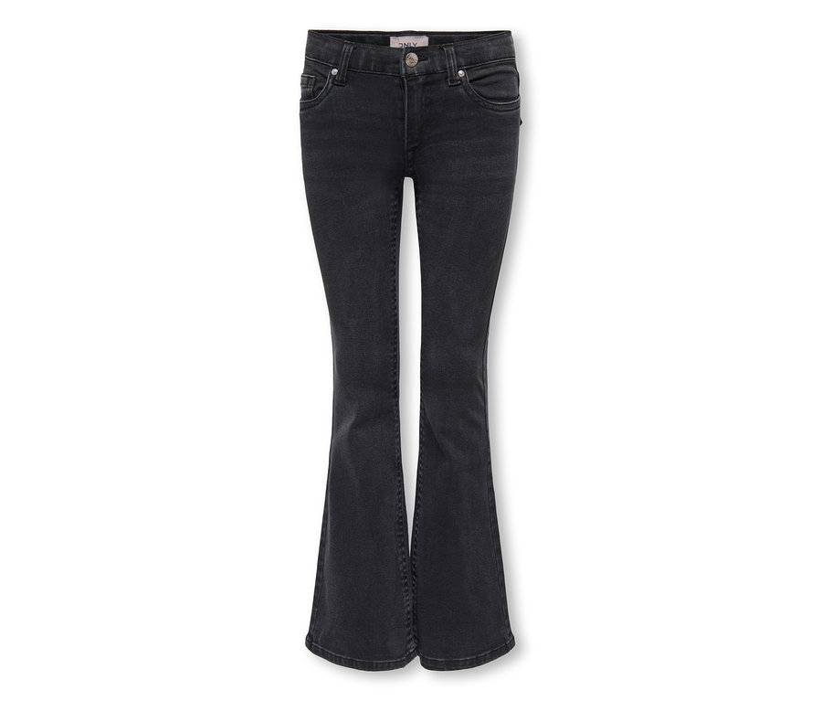 Dunkelgraue Schlagjeans mit Knopf- und Reißverschluss, fünf Taschen und verwaschenem Denim-Look.