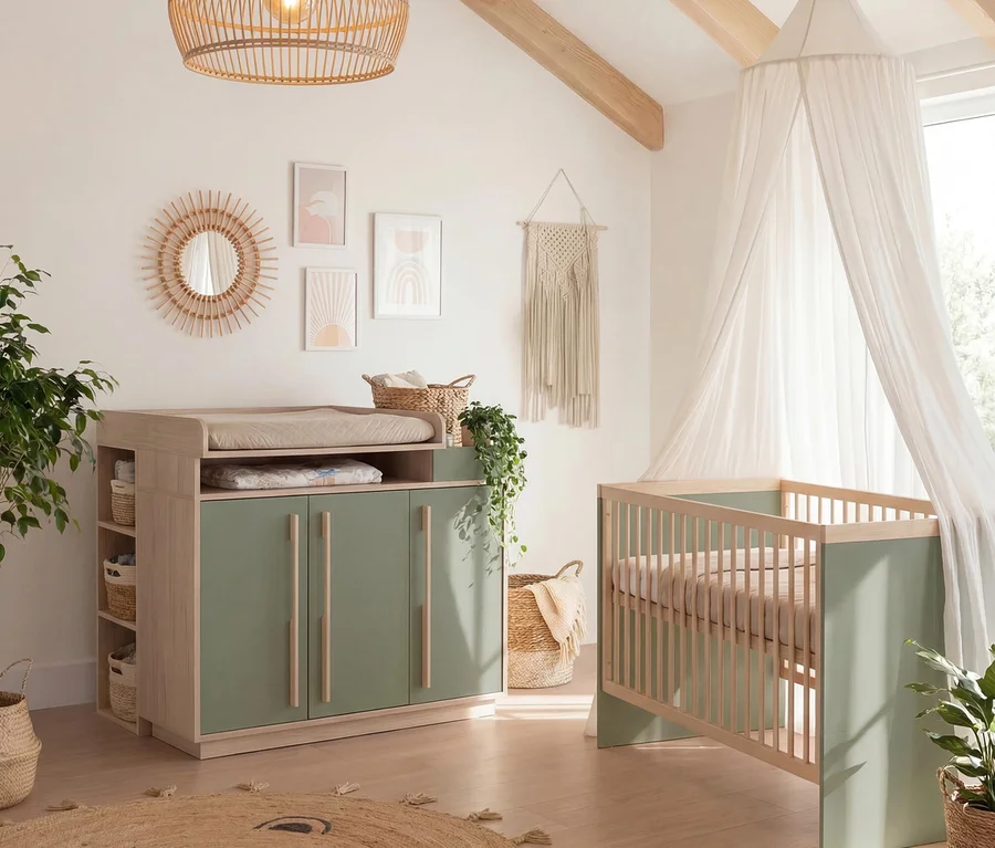 Ein Kinderzimmer mit Wickelkommode und Babybett in Reed Green und Virginia Chestnut aus dem Roba 3-teiligen Kinderzimmer-Set »Selva«. Die Wickelkommode hat eine Wickelauflage, das Babybett einen Baldachin. Der Raum ist mit einem runden Spiegel, Bildern, Pflanzen und einem Teppich dekoriert.