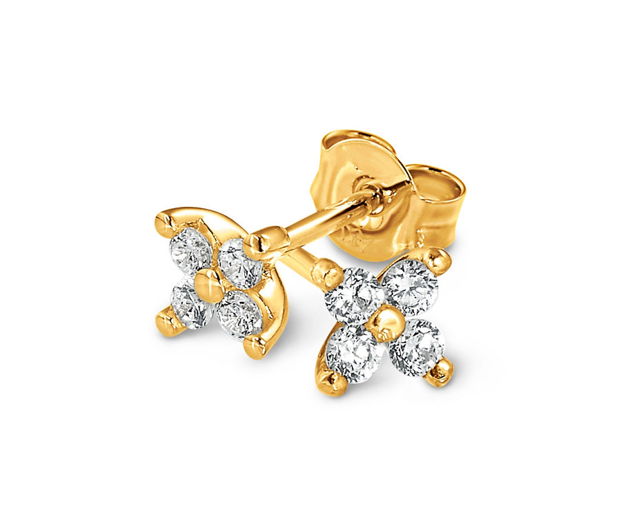 Nahaufnahme eines einzelnen Ohrsteckers aus 585 Gold mit Zirkonia in Form einer vierblättrigen Blume.