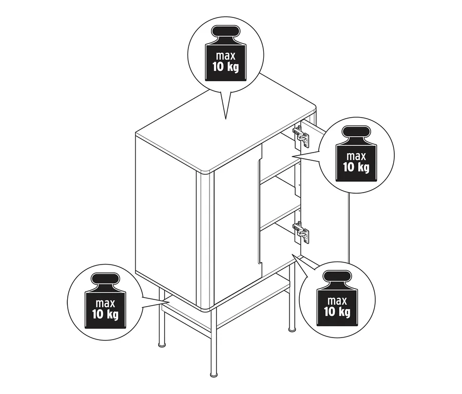 Strichzeichnung eines Highboards mit 2 Türen, das eine maximale Tragfähigkeit von 10 kg für die Oberseite, jedes Innenregal und das untere Regal zeigt.
