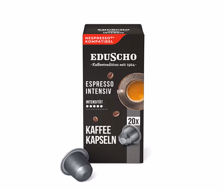 Schwarze Packung Eduscho Espresso Intensiv Kaffeekapseln, Nespresso-kompatibel, mit 20 Kapseln und einer einzelnen Kapsel davor.