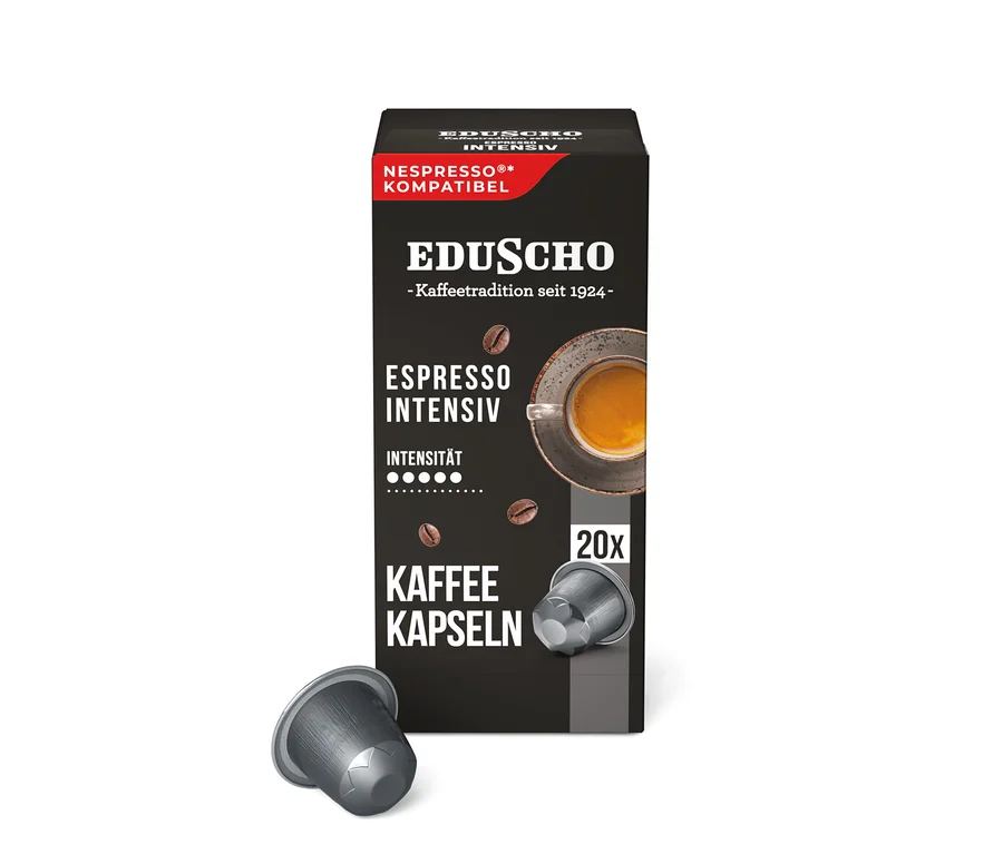 Schwarze Packung Eduscho Espresso Intensiv Kaffeekapseln, Nespresso-kompatibel, mit 20 Kapseln und einer einzelnen Kapsel davor.