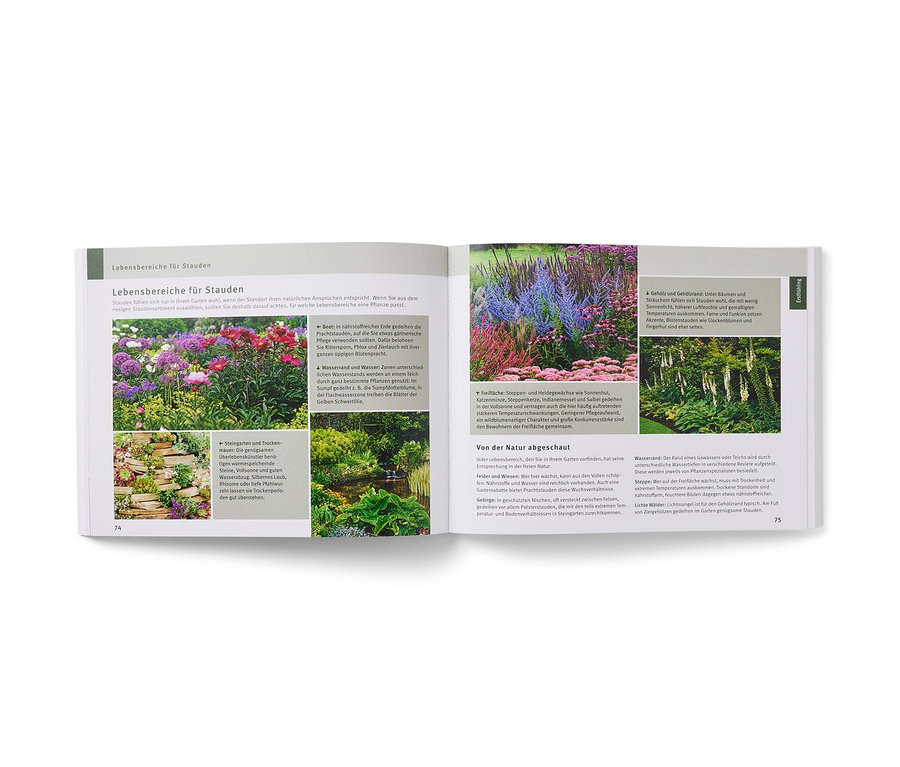 Ein offenes Buch zeigt Seiten mit Fotos und Text über Gartenarbeit, mit dem Titel "Gut geplant durchs Gartenjahr".