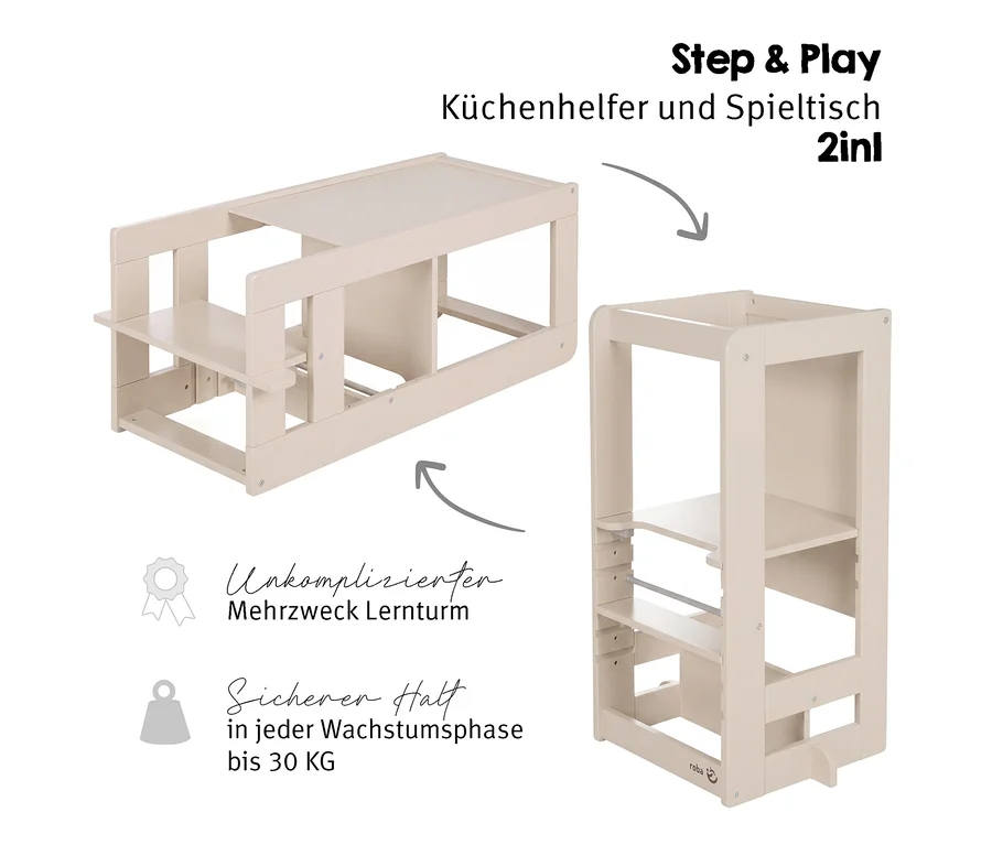Ein heller hölzerner Lernturm für Kinder, der in zwei Konfigurationen gezeigt wird: rechts als hoher Lernturm mit verstellbaren Stufen und links in einen niedrigen Tisch mit integriertem Stuhl verwandelt. Dieses 2-in-1-Möbelstück dient als Küchenhelfer und Spieltisch und trägt bis zu 30 kg.