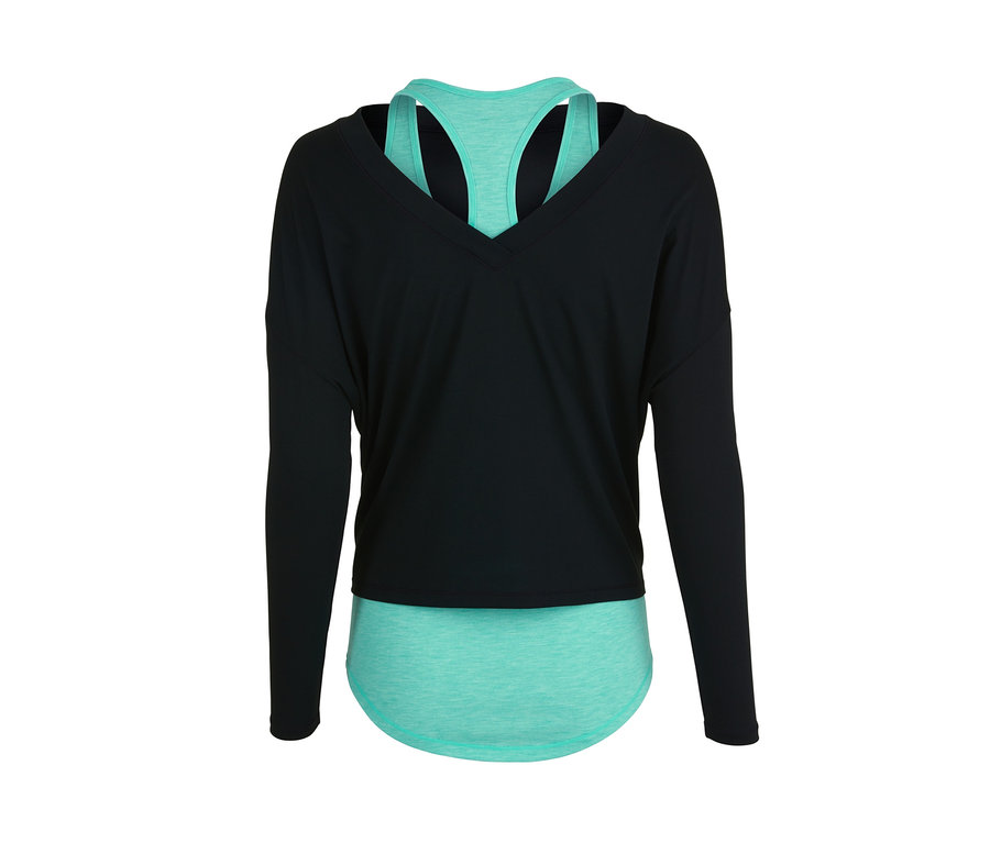 Schwarzes 3-in-1-Sportshirt mit langen Ärmeln und türkisfarbenem Tanktop.