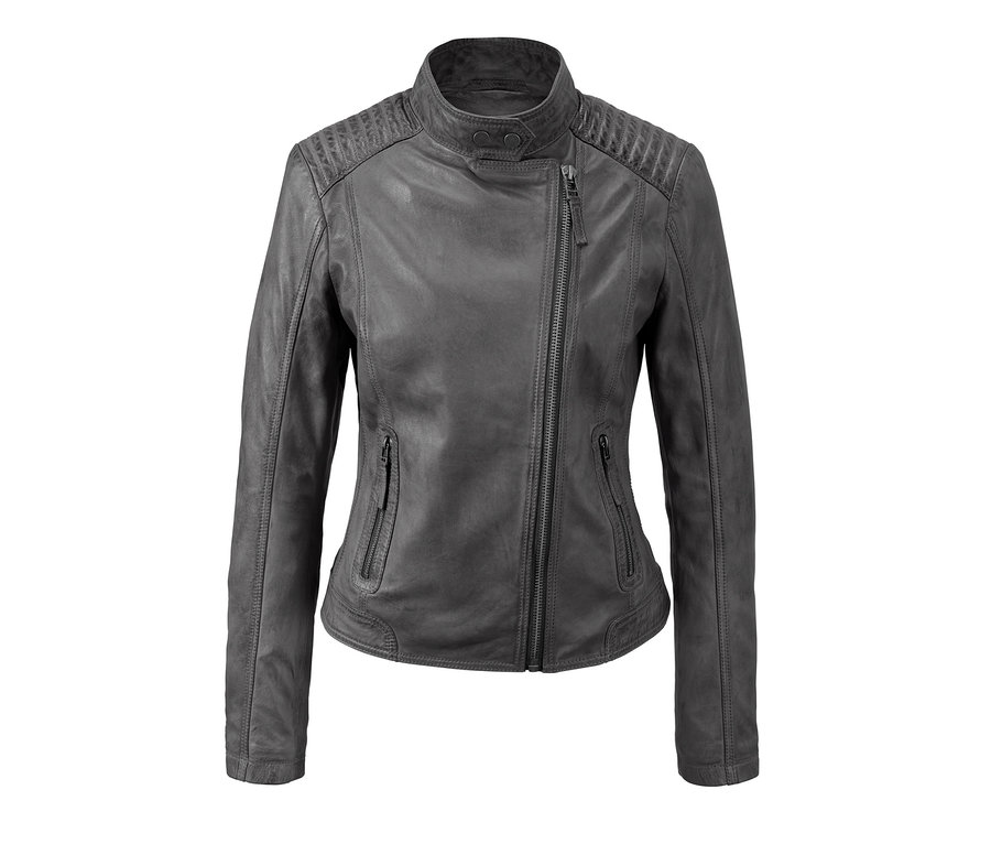 Graue Lederjacke mit asymmetrischem Reißverschluss.