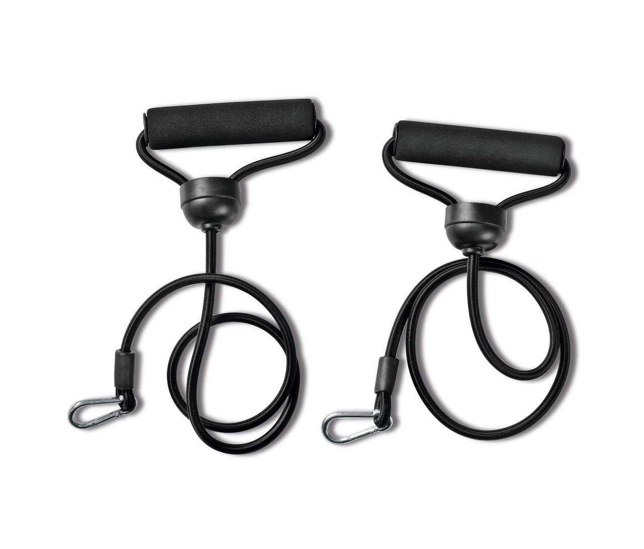 Zwei schwarze Expander mit Schaumstoffgriffen und Metallkarabinern.