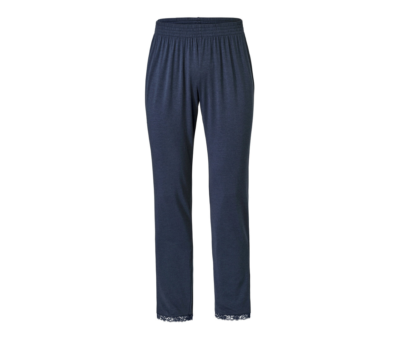 Eine dunkelblaue Pyjamahose mit elastischem Bund und Spitzenbesatz am Saum.