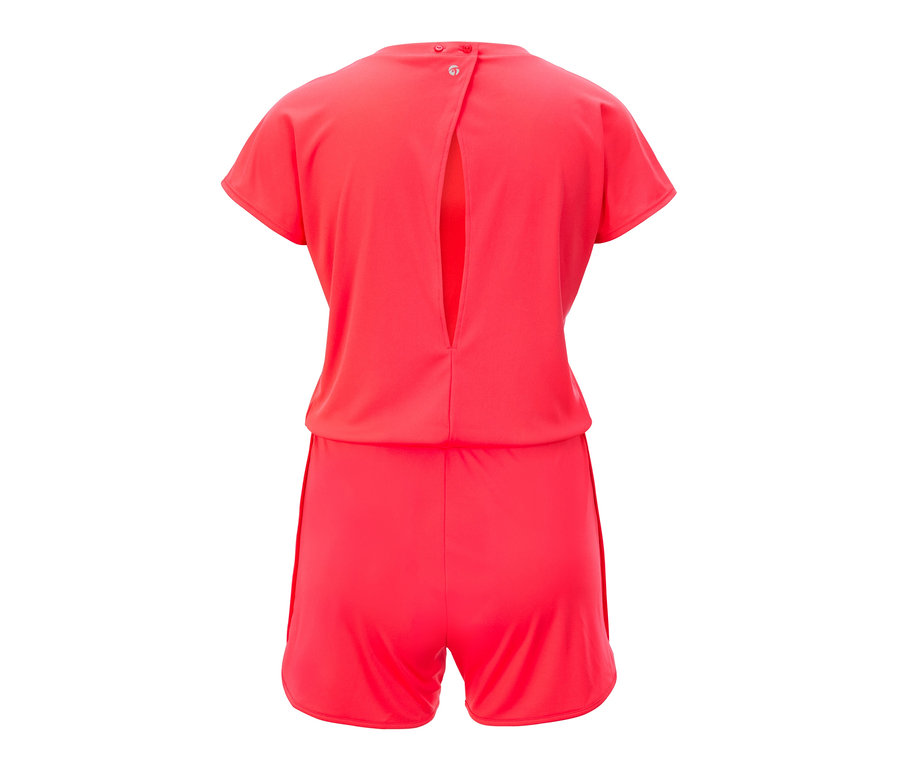 Detailansicht von hinten eines korallenroten Jumpsuits.