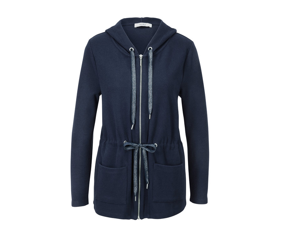 Marineblaue Kapuzen-Sweatjacke mit Reißverschluss und Kordelzug in der Taille.