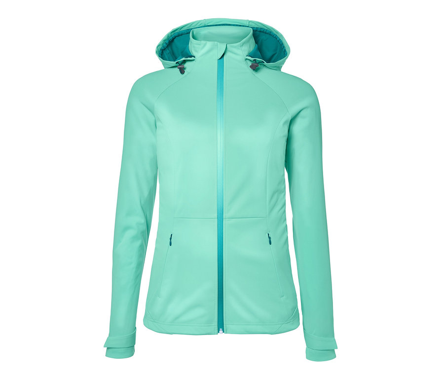Eine hellgrüne Lightweight-Softshelljacke mit Kapuze und blauem Reissverschluss.