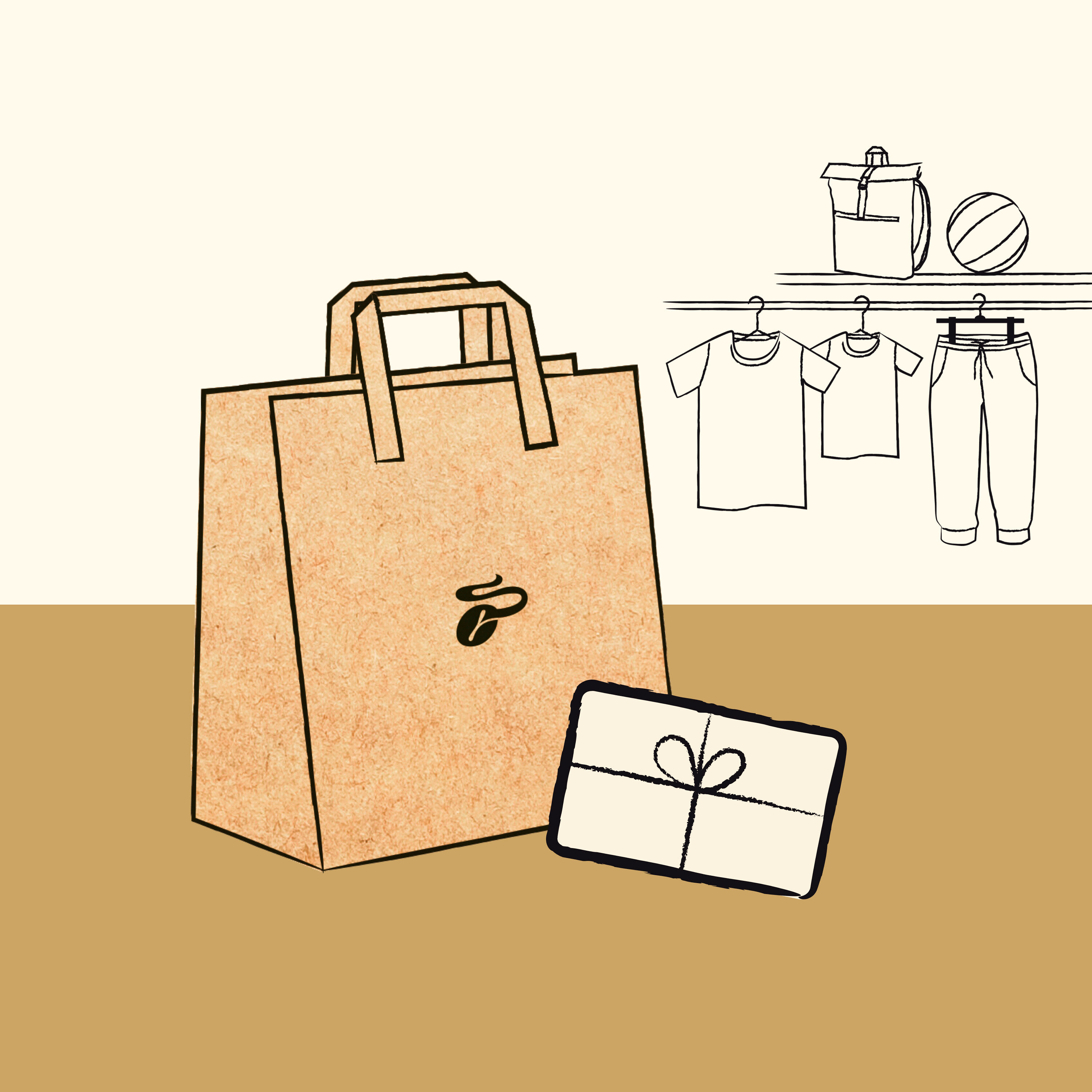 Eine Tüte mit einem Tchibo-Logo vor einer Kleiderstange und Regalen mit Ware. Im Vordergrund steht eine Tchibo-Geschenkkarte.