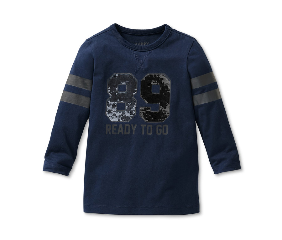 Blaues Langarmshirt mit Pailletten, der Zahl 89 und dem Schriftzug READY TO GO.