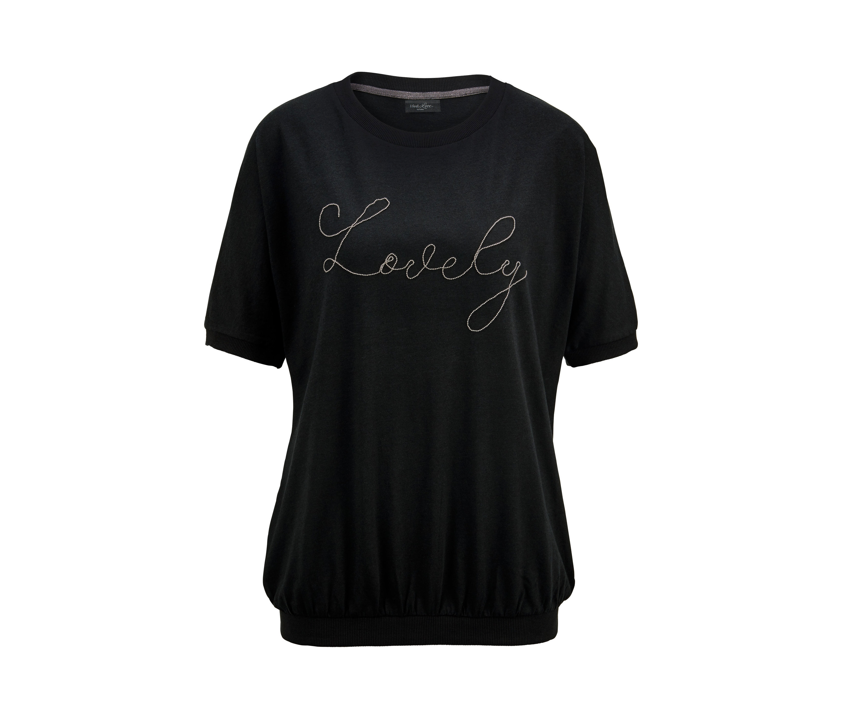 Schwarzes Shirt mit Fledermausärmeln und dem Schriftzug Lovely.