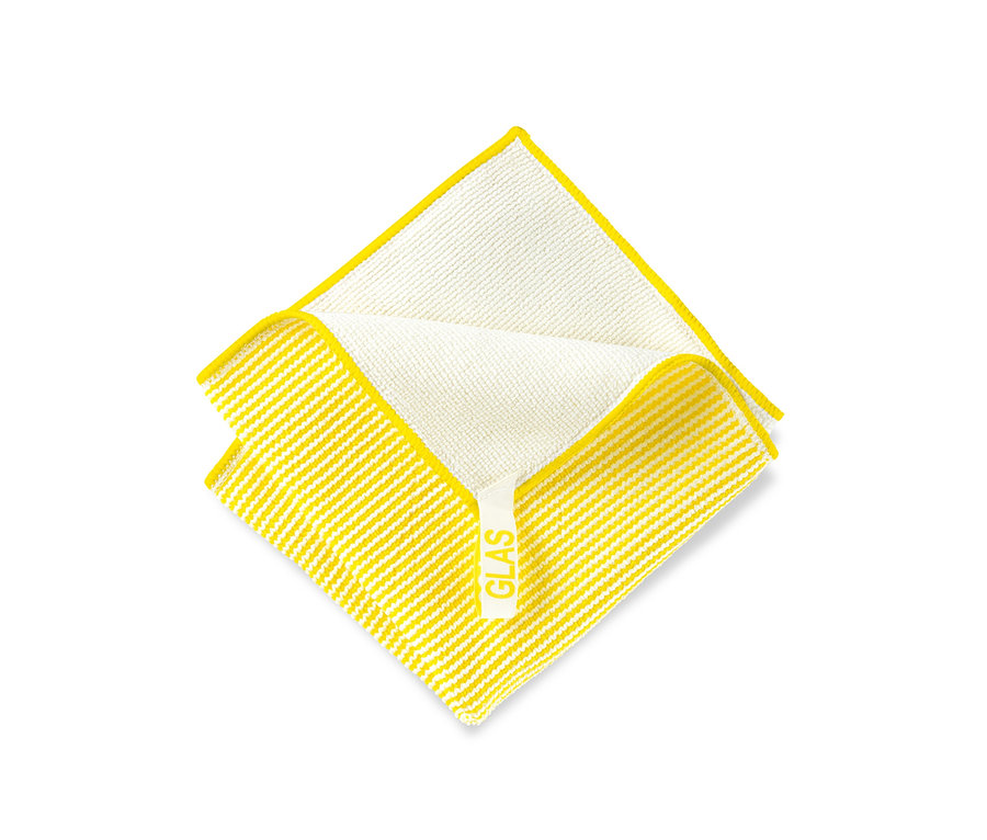 Ein gelb-weißes Universal-Reinigungstuch, 4 Stück, gefaltet auf weißem Hintergrund.