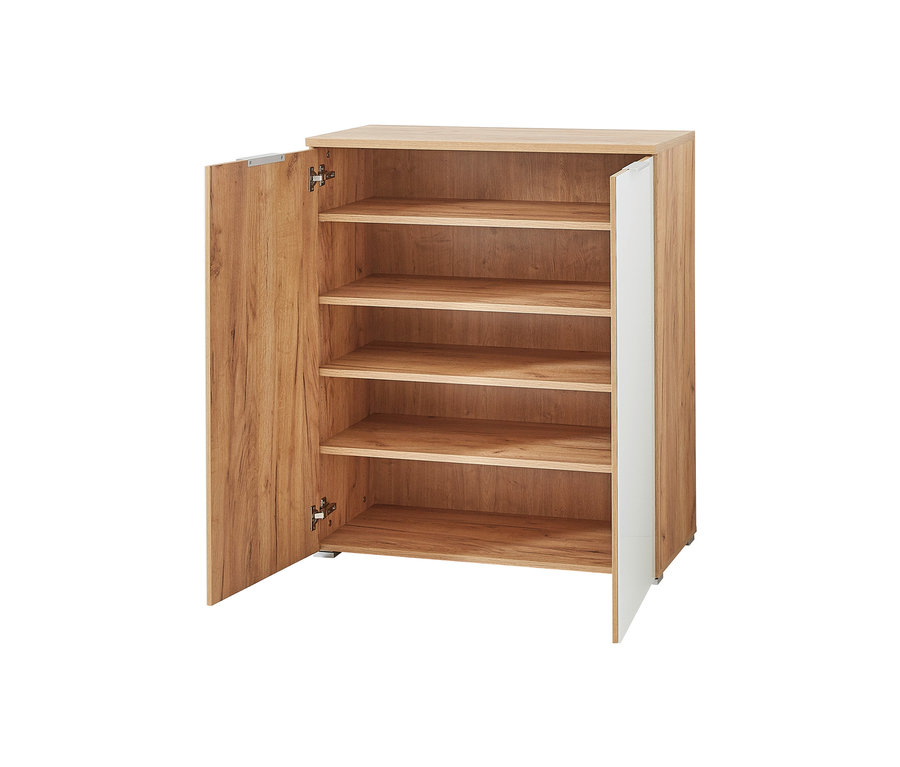 Ein zweitüriger Schuhschrank "Telde" mit geöffneten Türen, die vier Regale zeigen.