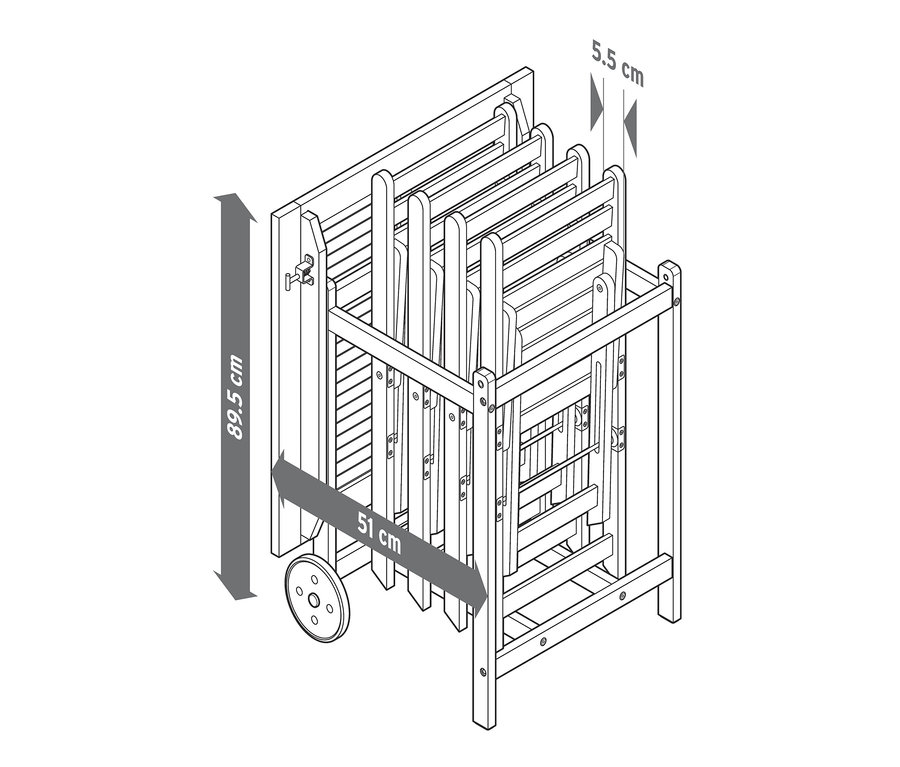 Eine Illustration des klappbaren Balkon-Sets mit Maßangaben.