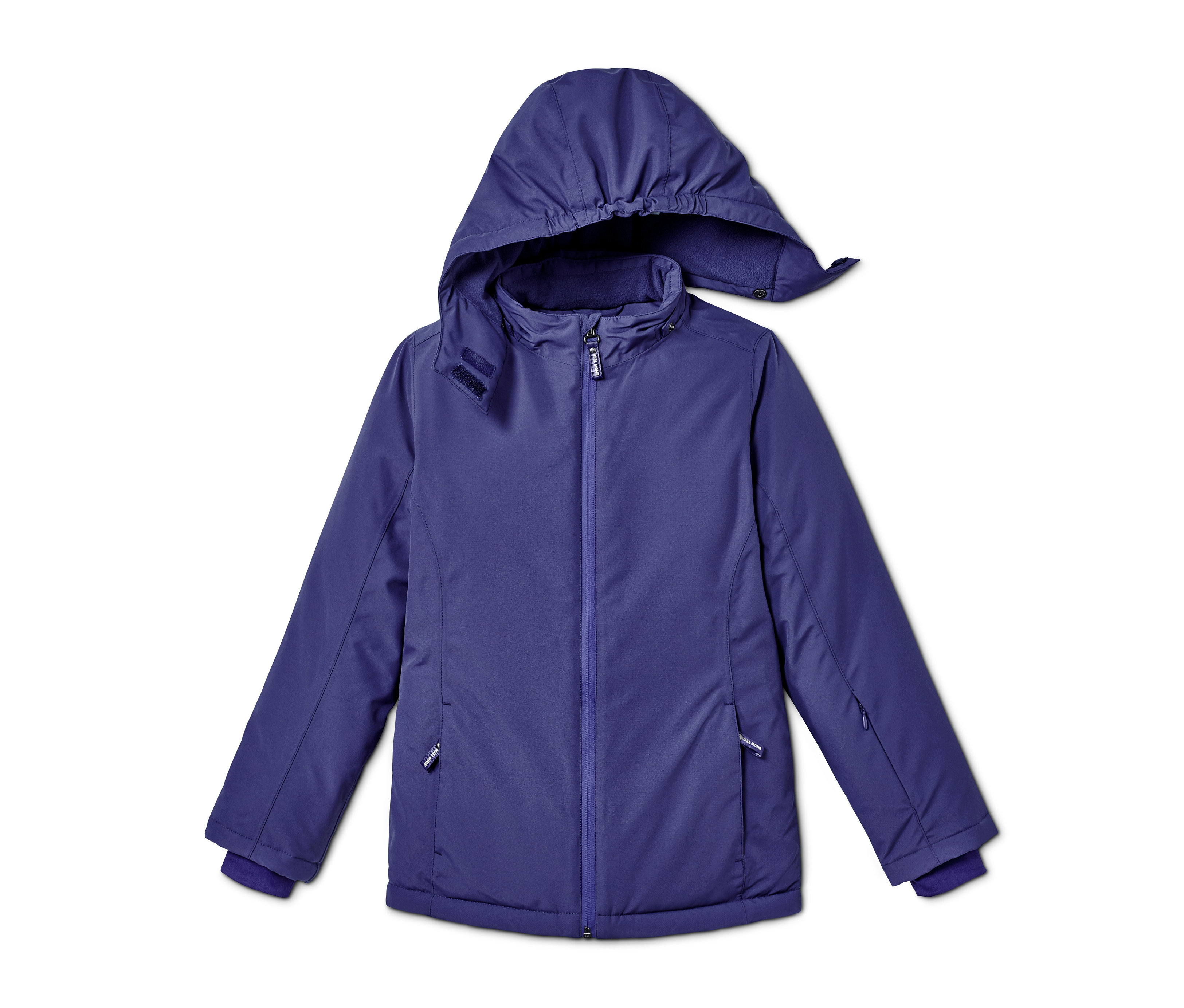 Lila Mädchen-Skijacke mit Reißverschluss und Kapuze.