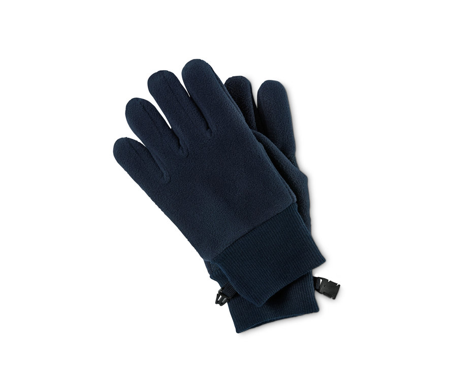 Ein 2er-Pack marineblaue Fleecehandschuhe aus recyceltem Material auf einem weißen Hintergrund.