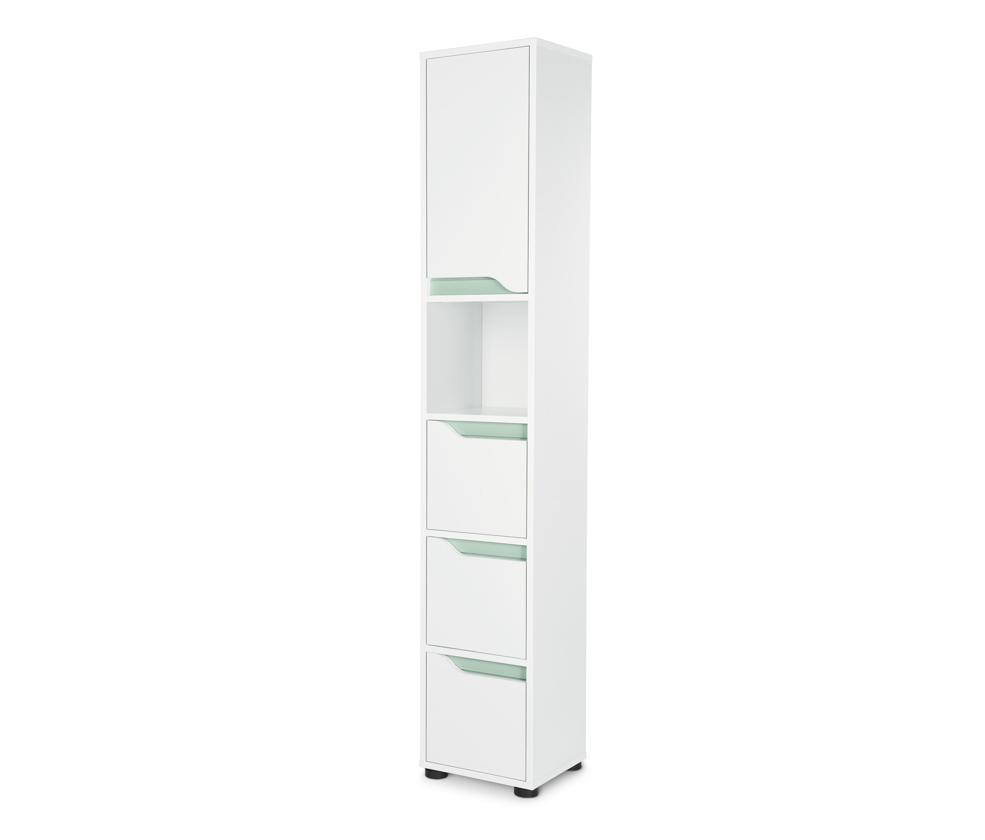 Ein schmaler, weißer Badezimmer-Hochschrank mit einer Tür oben und drei Schubladen mit hellgrünen Griffen.