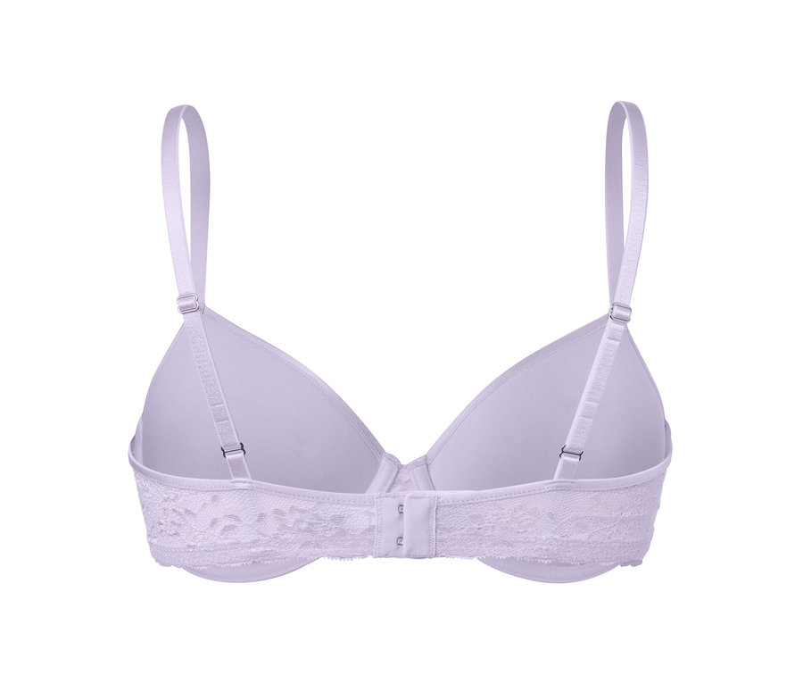 Detailansicht der Rückseite eines fliederfarbenen Spacer-BHs mit verstellbaren Trägern.