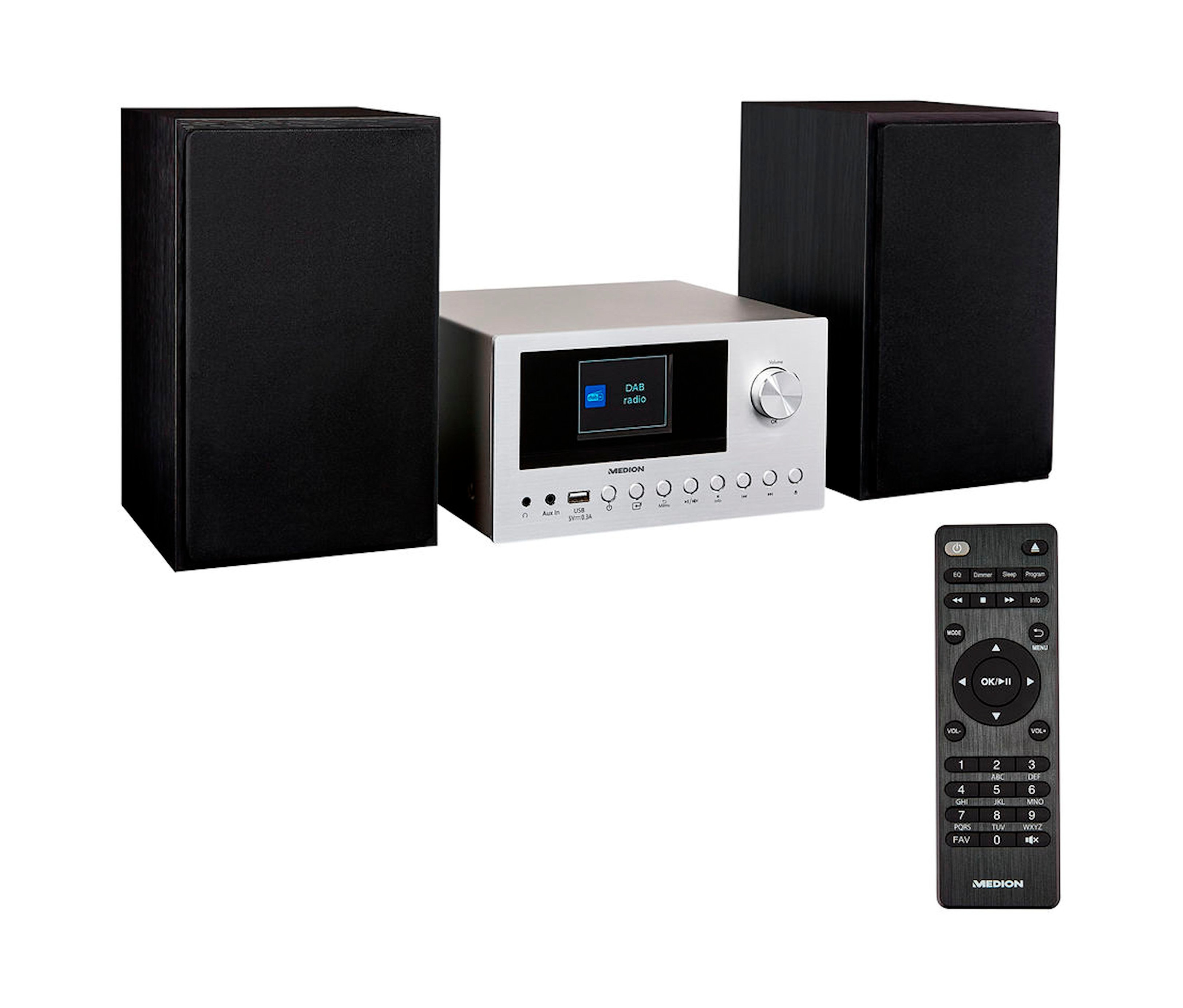 Ein silbernes Medion-Audiosystem mit zwei schwarzen Lautsprechern und einer Fernbedienung.