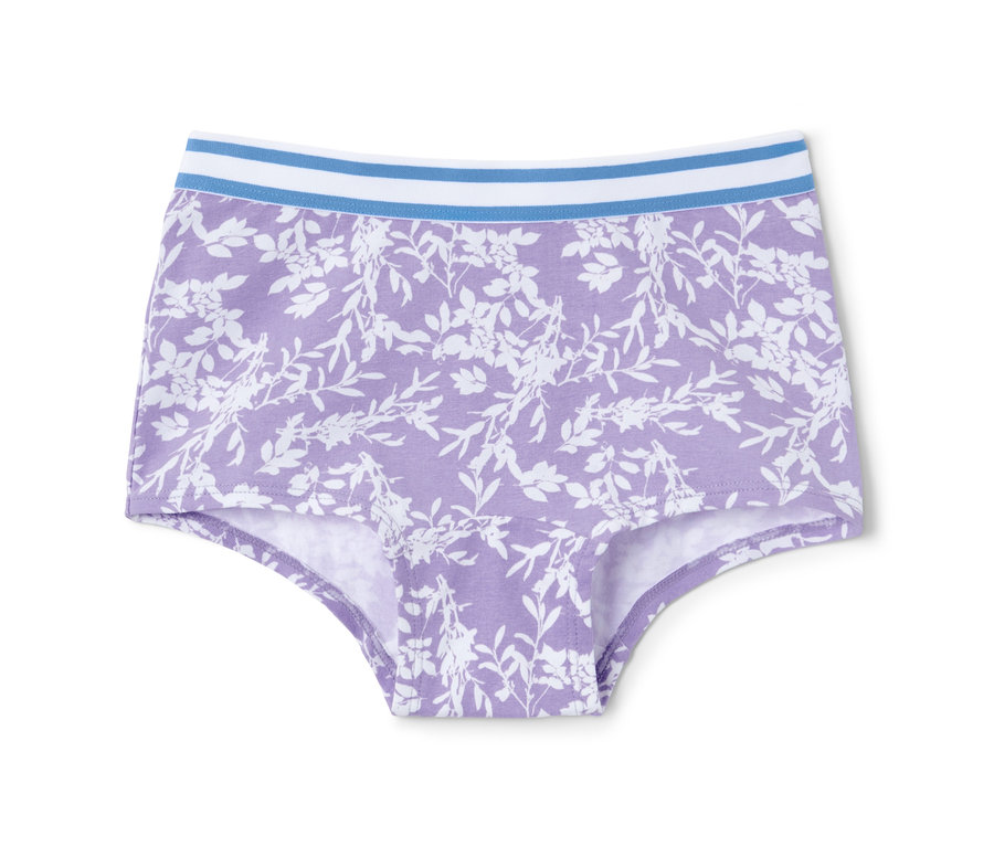 Einzelne lila Mädchen-Pantys mit weißem Blumenmuster, aus einem 7er- oder 3er-Pack.
