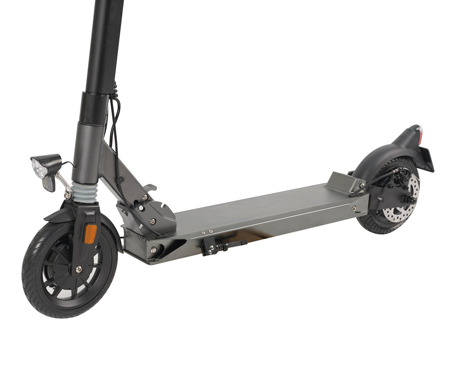 Detailaufnahme eines grauen E-Scooters der Marke L.A. Sports, Modell Speed Deluxe.