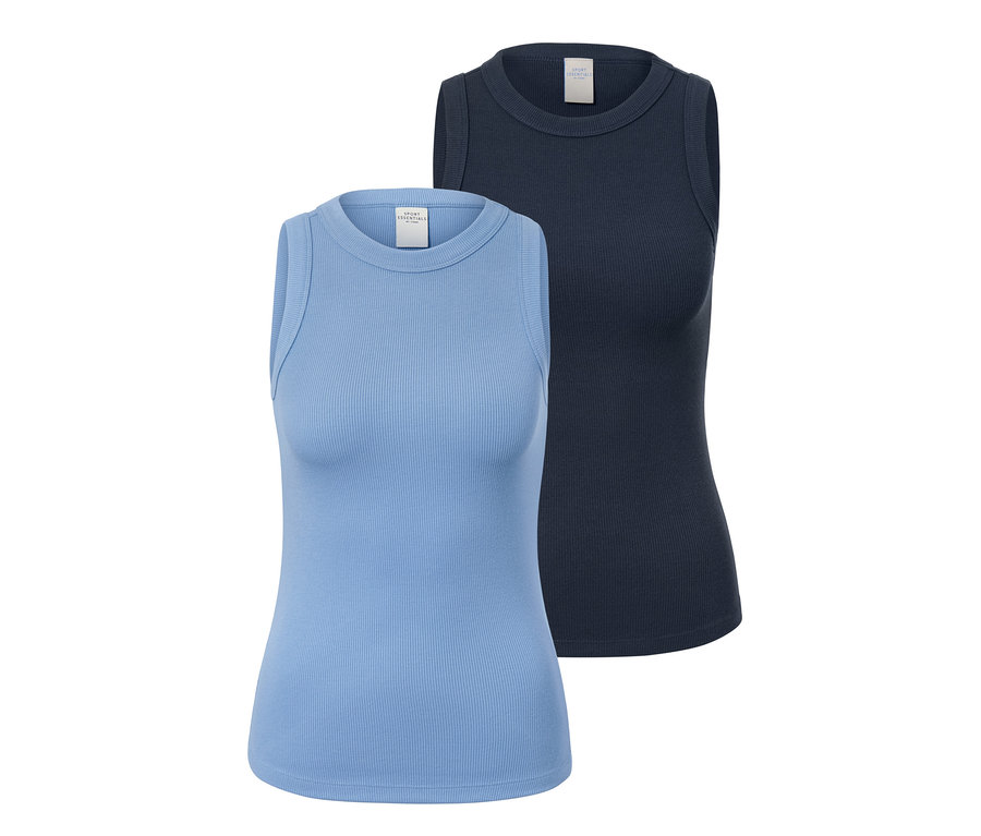 Zwei blaue Sporttops, ein hellblaues und ein dunkelblaues.