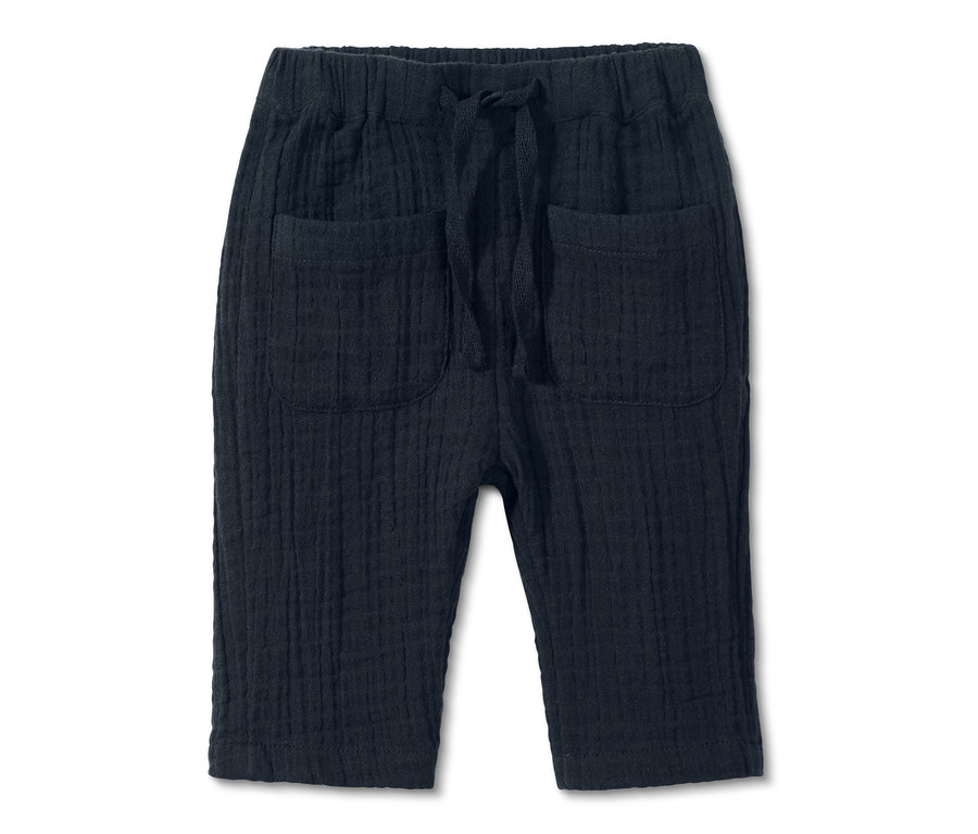Eine dunkelblaue Baby Baumwoll-Hose mit Taschen und Kordelzug.
