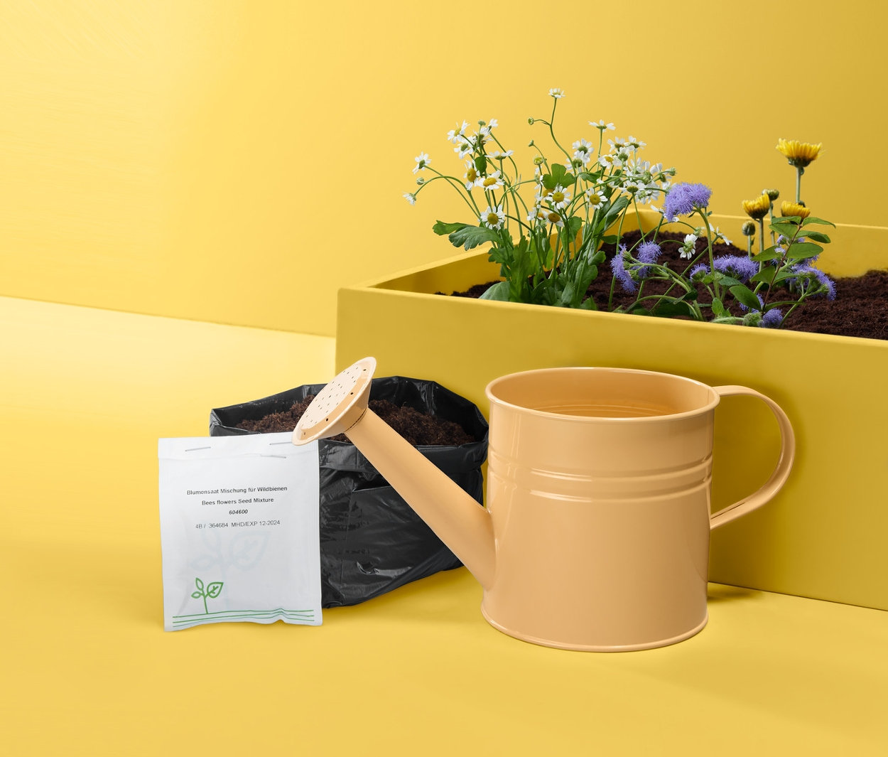 Eine gelbe Gießkanne steht neben einem gelben Blumentopf mit Saatgut in Gießkanne.