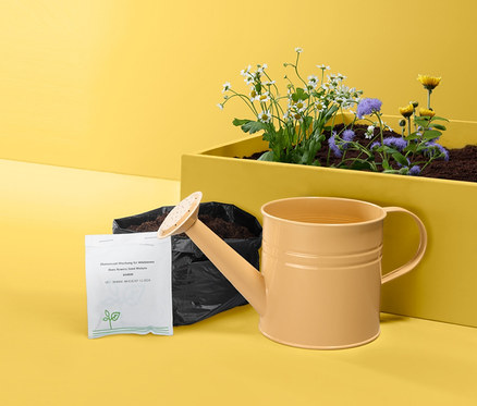 Eine gelbe Gießkanne steht neben einem gelben Blumentopf mit Saatgut in Gießkanne.