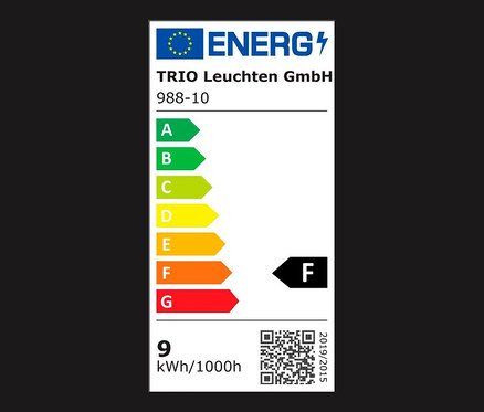 Energielabel mit F-Klasse für Stehleuchte mit Textilschirm.