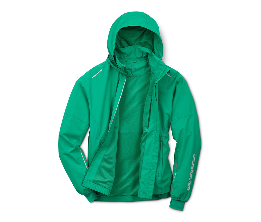 Grüne, teilweise geöffnete Windprotection-Funktionsjacke mit Kapuze.