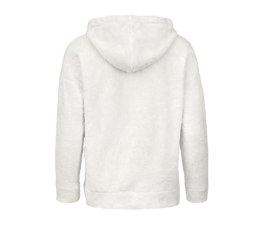 Rückansicht eines weißen Teddy-Hoodies.