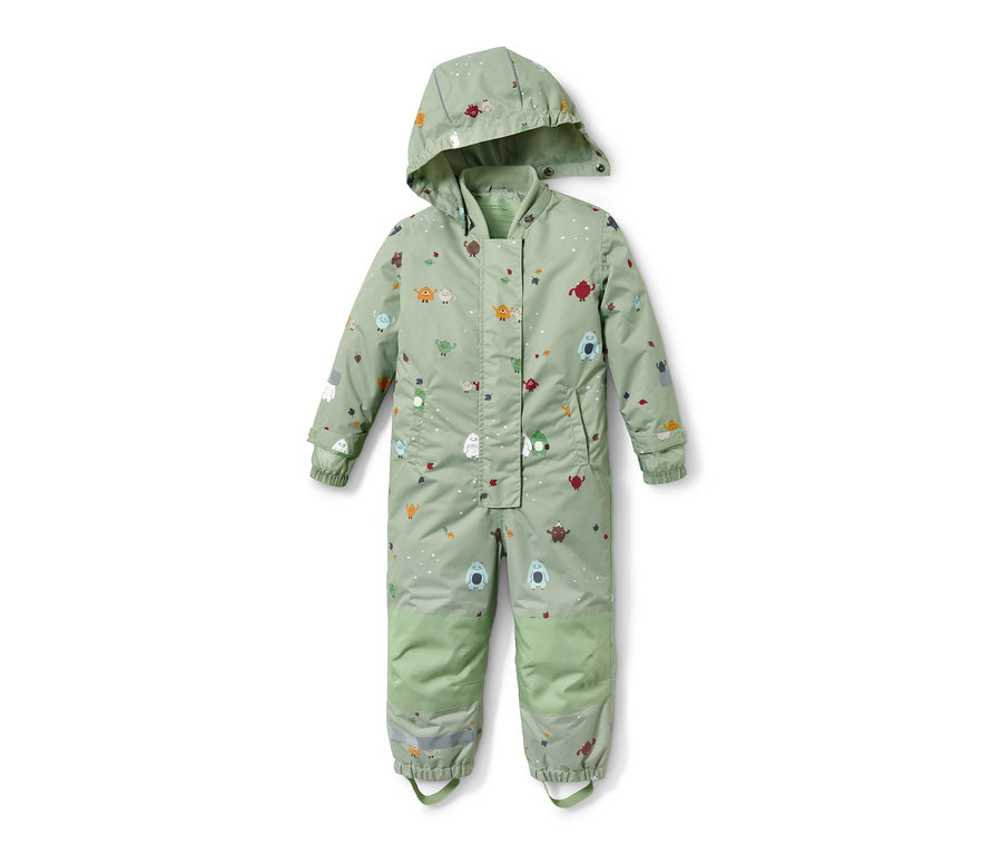 Grüner Regen-Einteiler mit Kapuze und Monsterprint.