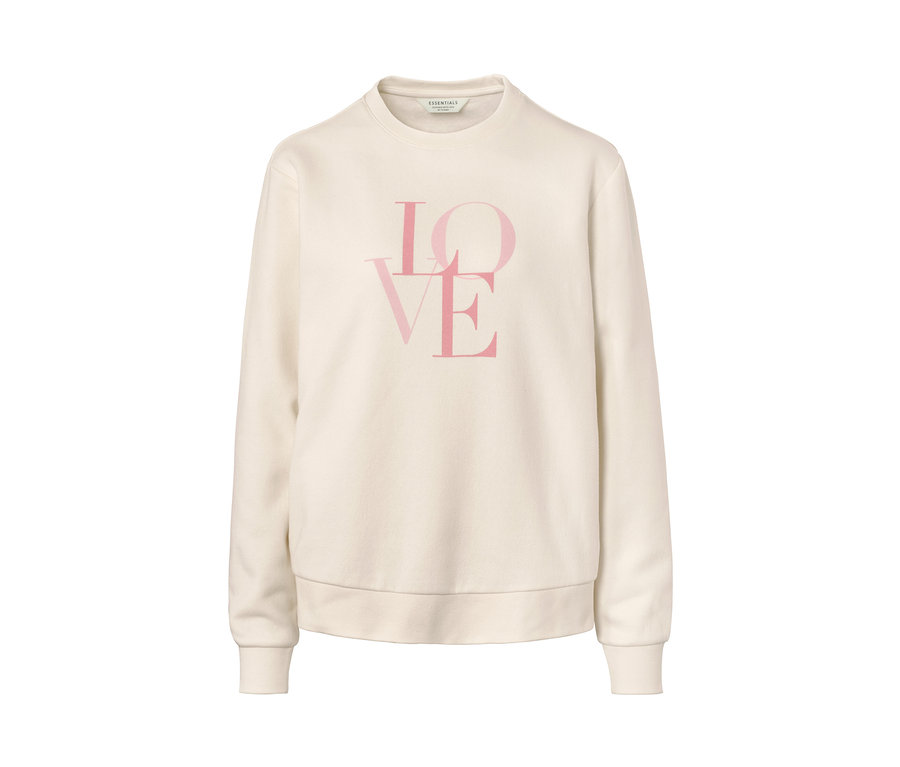 Ein cremefarbenes Sweatshirt mit dem Schriftzug LOVE.