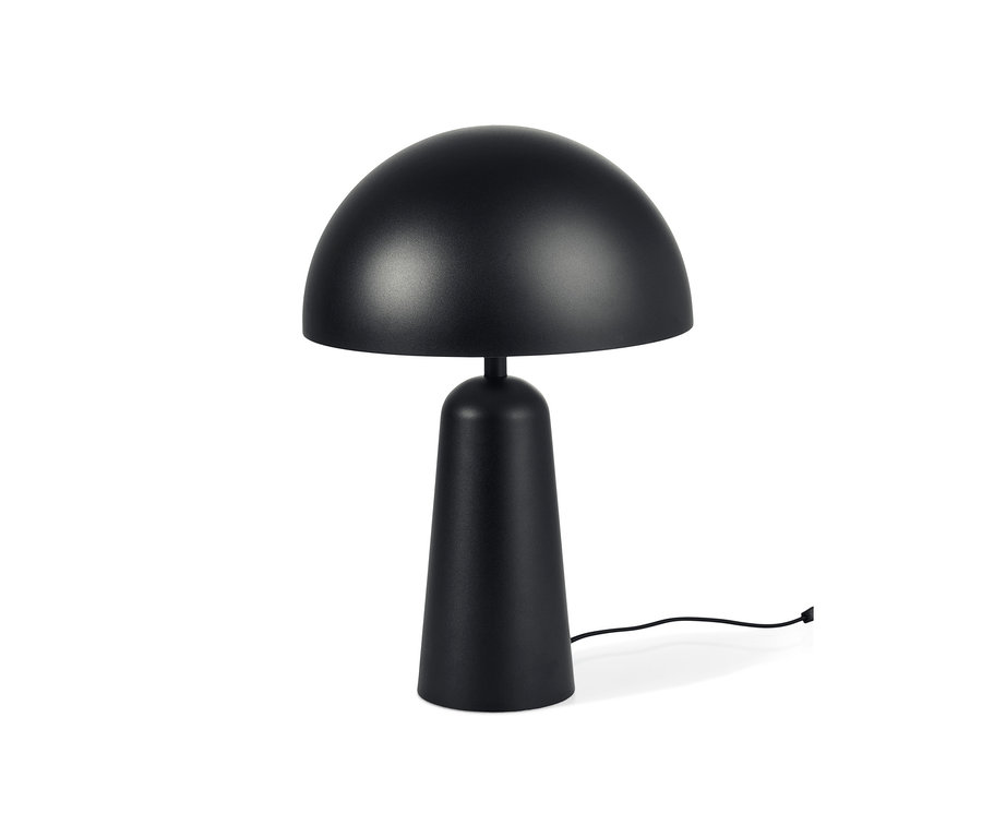 Schwarze Tischleuchte mit Pilzkopf.