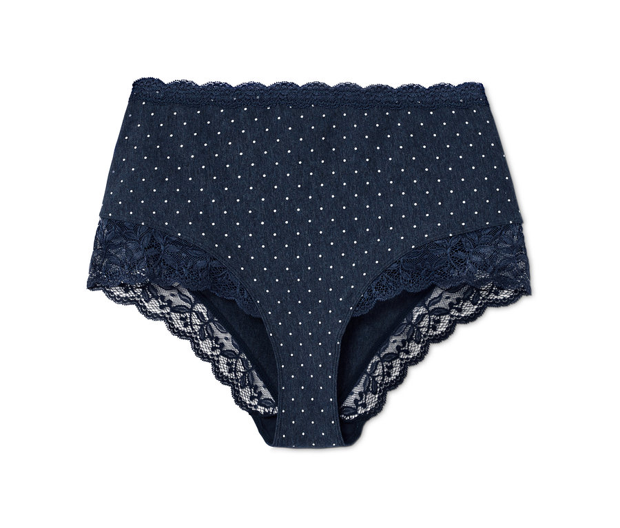 Eine blaue Bodyforming-Panty mit weißen Punkten und Spitze.