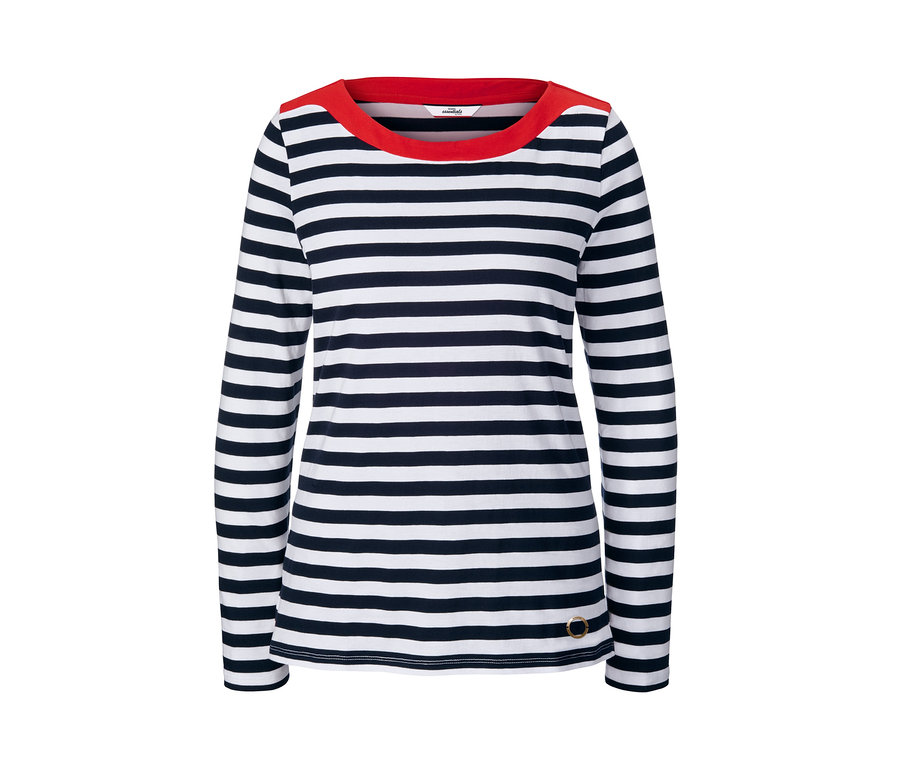 Gestreiftes Langarmshirt mit rotem Kragen.