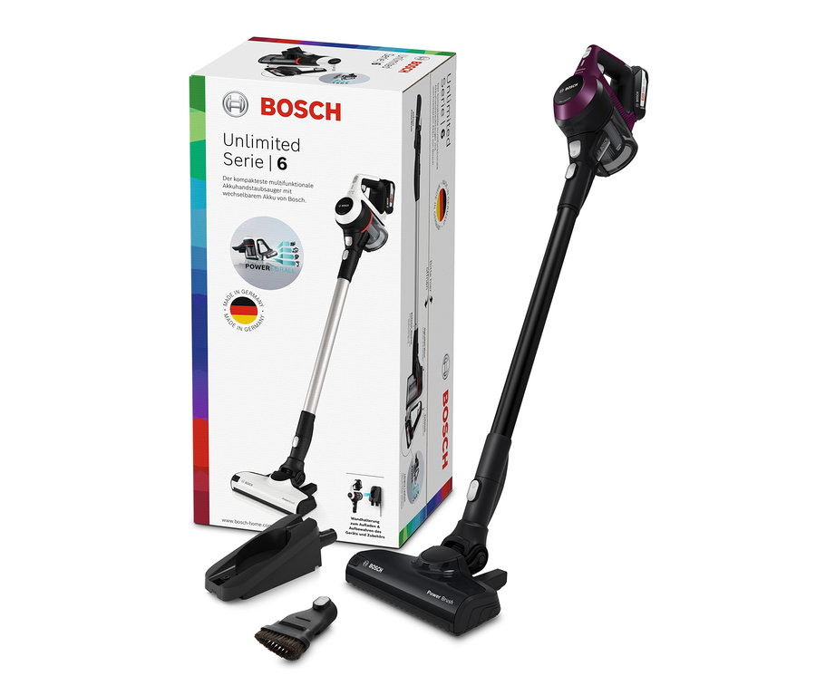 Abbildung eines Bosch-Akkustaubsaugers »Unlimited BCS6111P« und Zubehör.