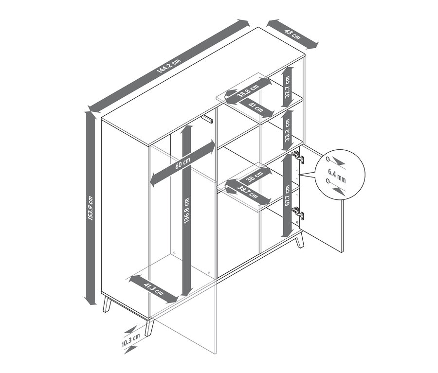 Abmessungen vom Schrank mit Raumteiler-Funktion.