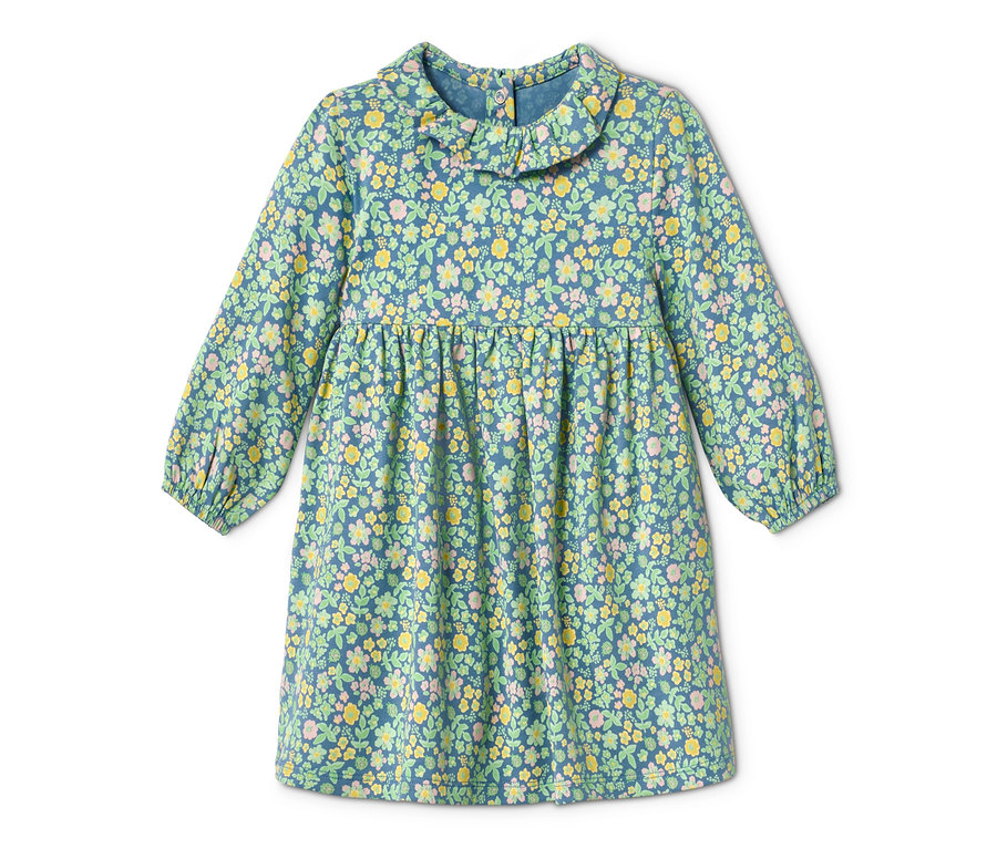 Blaues Jerseykleid mit langen Ärmeln und Blumenmuster.