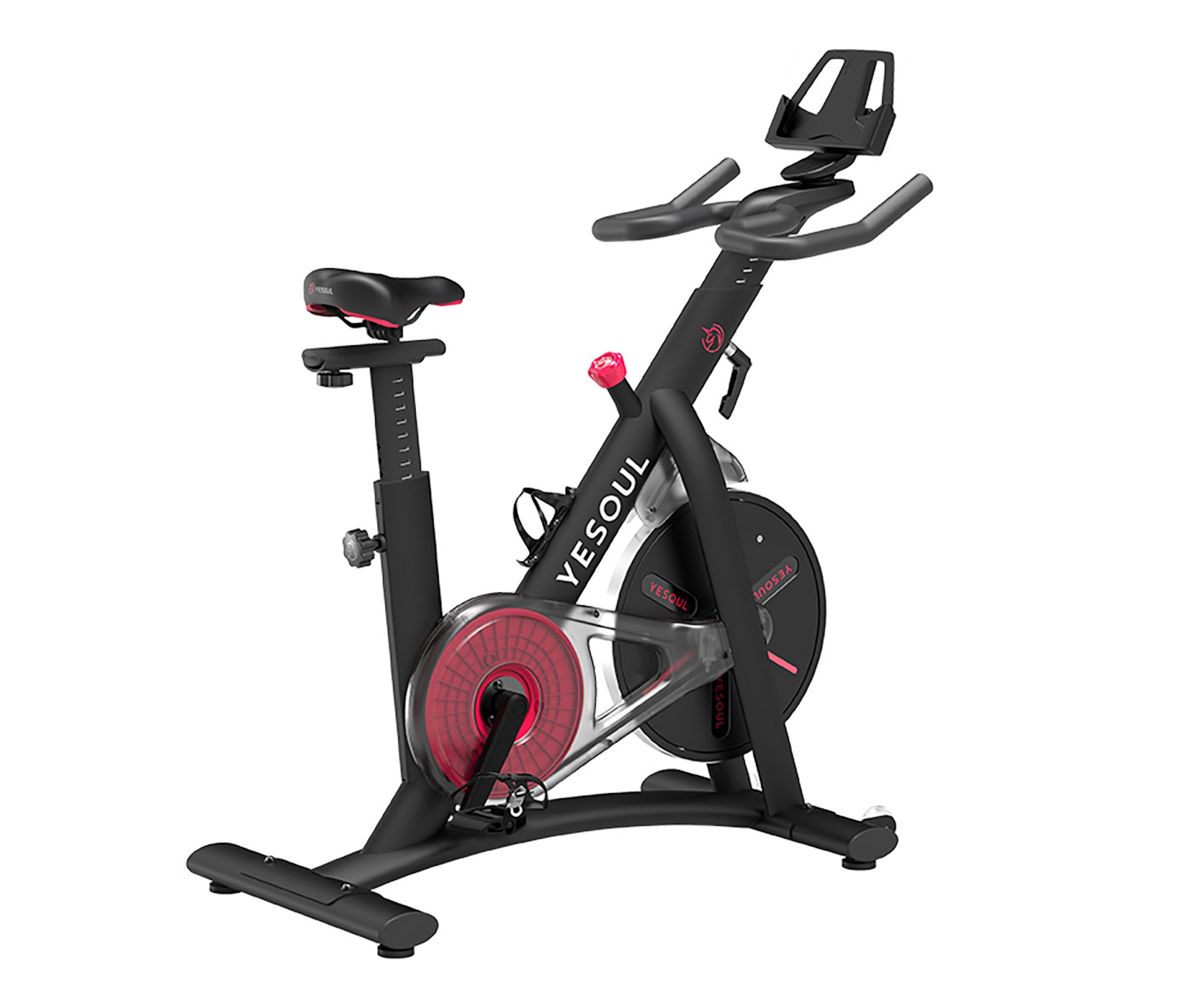 Ein schwarzes Heimtrainer-Fahrrad mit Gewichten auf weißem Hintergrund.