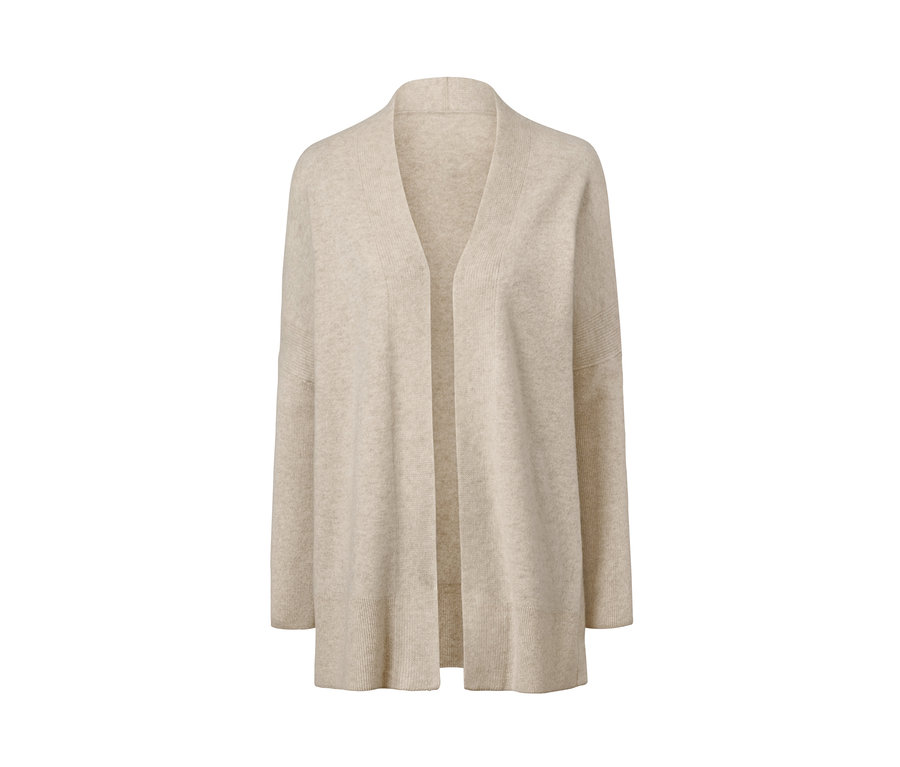 Eine hellbeige Cashmere-Strickjacke mit langen Ärmeln.
