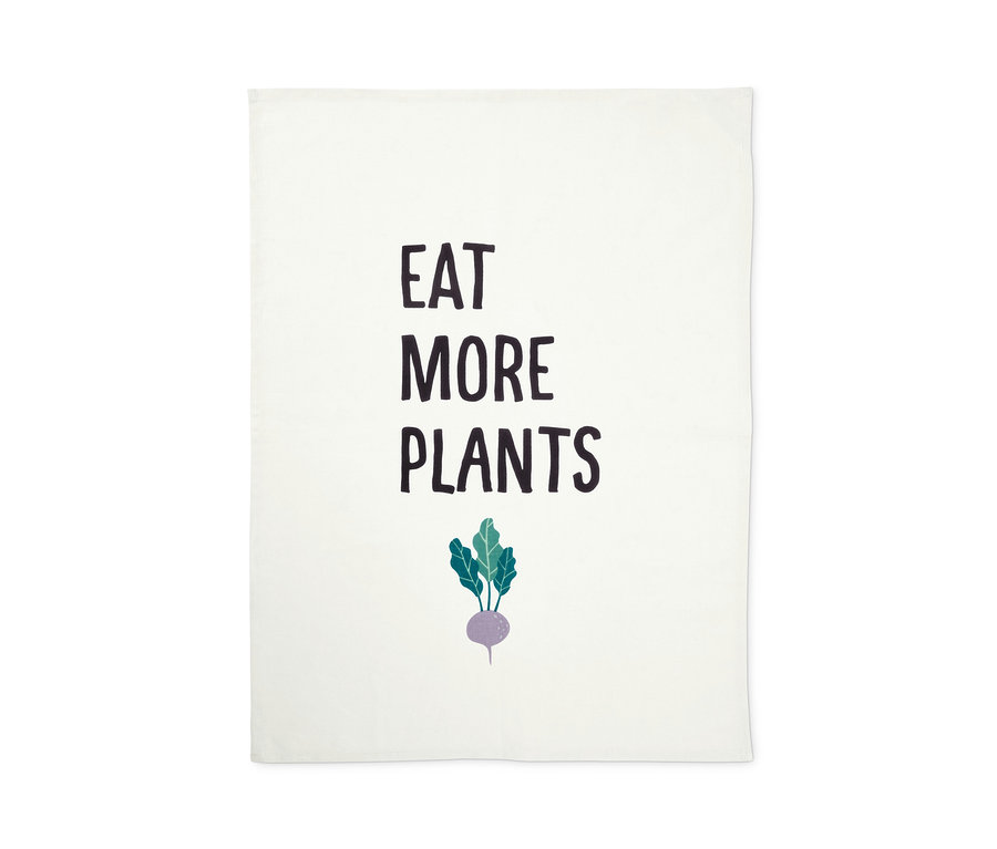 Weißes Geschirrtuch mit dem Aufdruck EAT MORE PLANTS und einer Rübenabbildung. 3 Geschirrtücher.